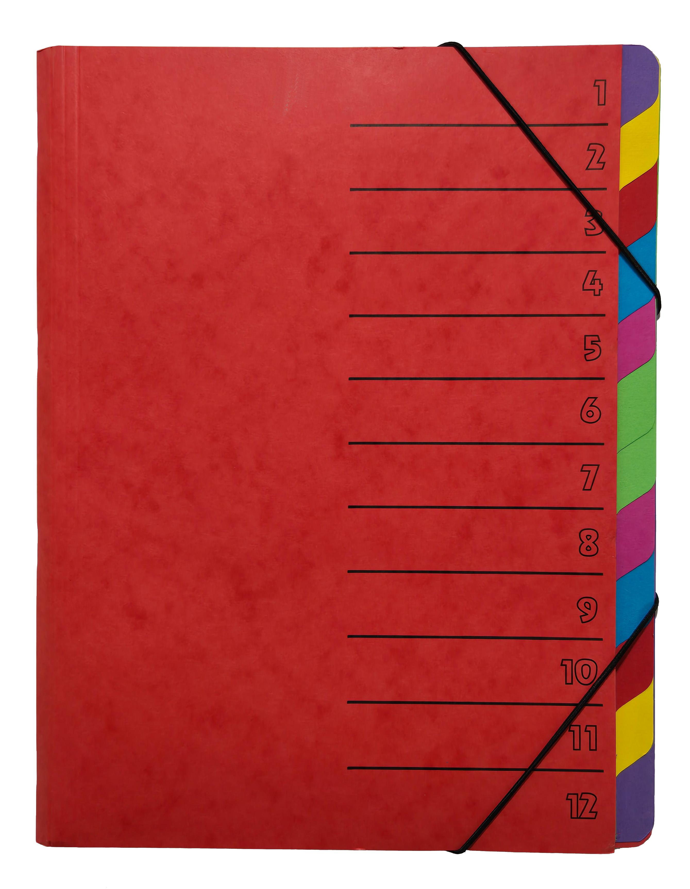 Ordnungsmappe 12-teilig, rot, Fächer mehrfarbig