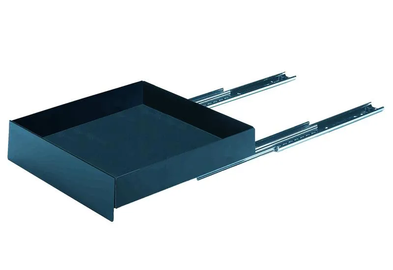 Teleskopschiene für 3 Schubladen à 10 cm, Stahl, schwarz: Ausziehbare Schubladenschiene aus Stahl in Schwarz zur flexiblen Aufbewahrung von Büromaterial oder Archivgut in Möbeln.