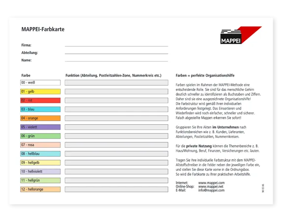 Mappei Farbkarte MAPPEI-Farbkarte: Übersicht mit Farbcodes von Weiß bis Hellorange zur einfachen und systematischen Kennzeichnung von Ordnern und Registern für eine verbesserte Büroorganisation und schnelle Wiederfindung von Dokumenten.