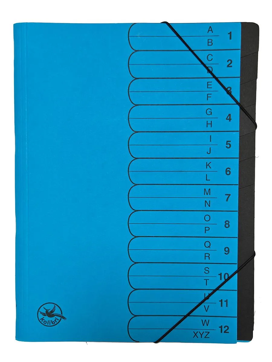 Farbige Fächermappe mit 12 Fächern und Eckspanner, Farbe Blau. flachliegend, von oben fotografiert