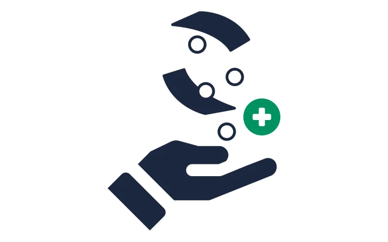 Symbolische Darstellung: Eine geöffnete Handfläche fängt stilisierte, fallende Objekte auf, darunter Kreise und gebogene Formen. Rechts neben der Hand befindet sich ein grüner Kreis mit einem weißen Pluszeichen.