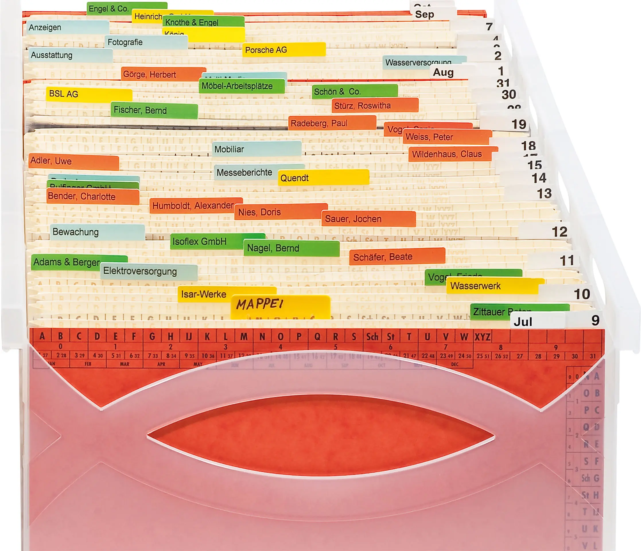 Wiedervorlage hintereinander Vier transparente MAPPEI Ordnungsboxen hintereinander, gefüllt mit Ordnungsmappen und thematisch beschrifteten Reitern zur übersichtlichen und systematischen Organisation von Dokumenten im Büro.