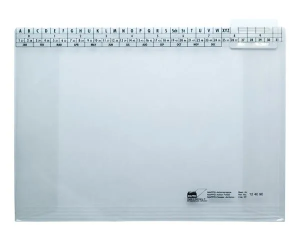 Mappei Aktionsmappe aus hergestellt durchsichtigem 400 g/qm Polypropylen, mit aufgedruckter schwarzer Ordnungsleiste und oben angebrachtem weißem Beschriftungsläufer