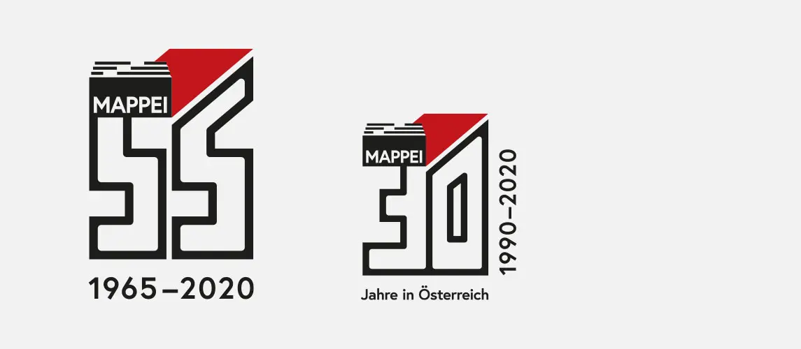 Über Mappei Zwei Logos von MAPPEI: Links das Logo zum 55-jährigen Jubiläum (1965-2020) und rechts das Logo zum 30-jährigen Bestehen in Österreich (1990-2020), beide mit stilisierten Zahlenelementen und dem MAPPEI Schriftzug.