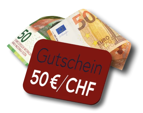 Collage: Ein 50-Euro-Schein und ein 50 Franken Schein, darüber ein symbolisierter 50€ / 50CHF Gutschein