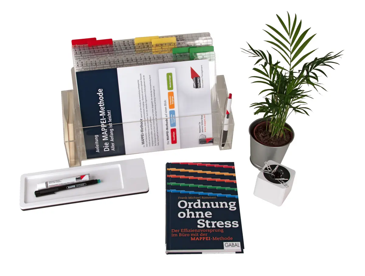 Umfassendes Organisationsset für den Arbeitsplatz mit Schreibtisch Organizer, Anleitungen zur MAPPEI-Methode, Whiteboard-Zubehör und dem Buch "Ordnung ohne Stress".