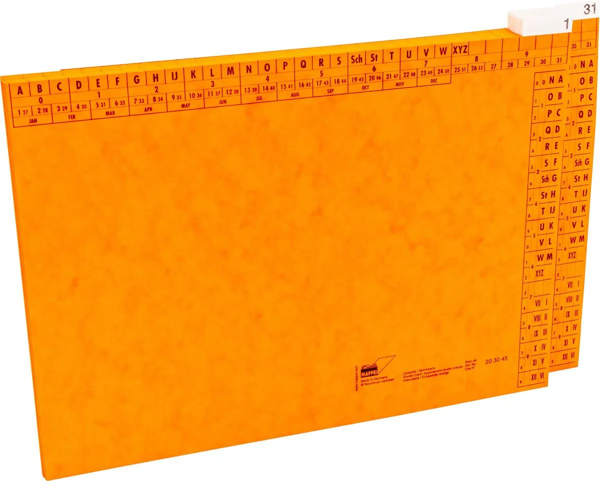 Mehrere orangefarbene Leitkarten mit angeklebten Taben welche mit Zhalen von 1-31 bedruckt sind