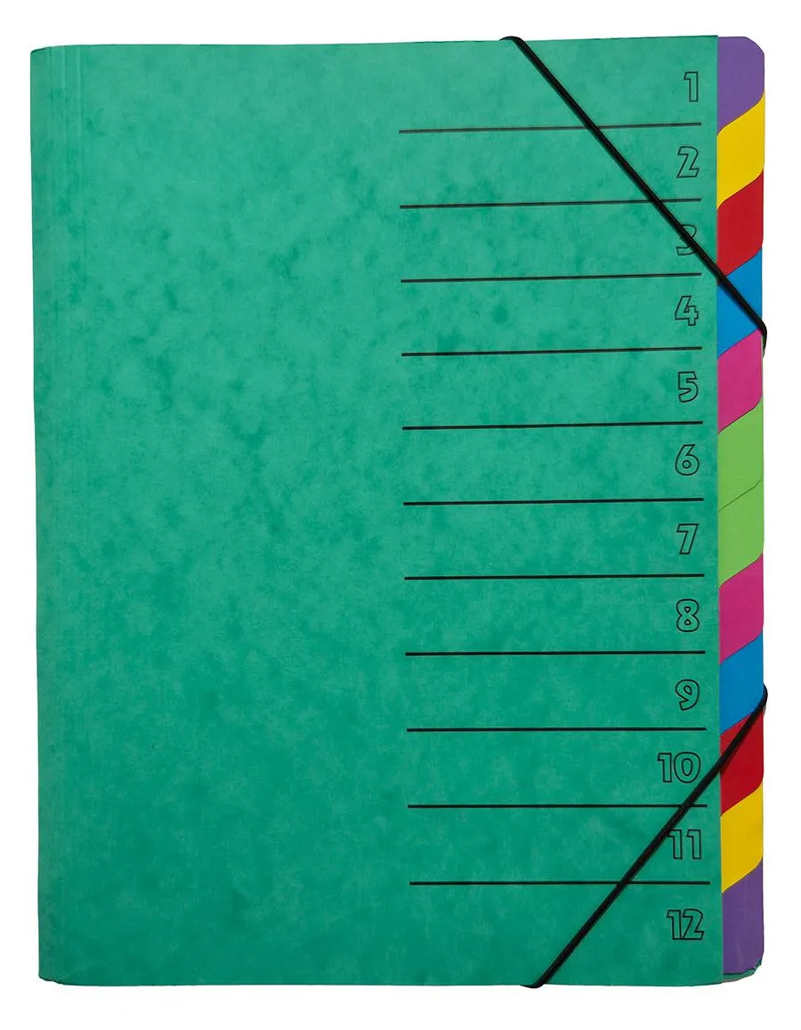 Farbige Fächermappe mit 12 Fächern und Eckspanner, Farbe Grün. flachliegend, von oben fotografiert