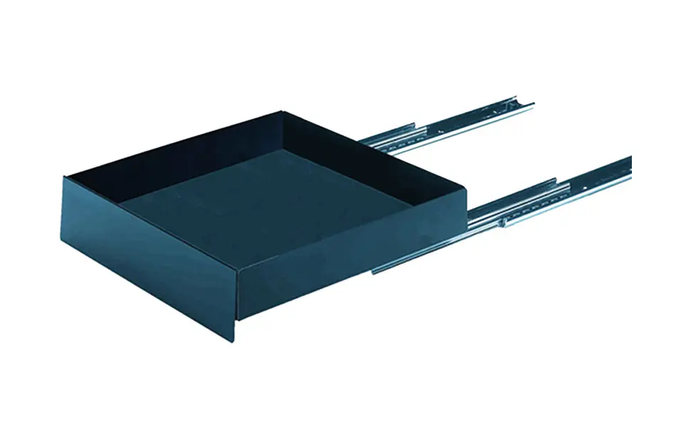 Teleskopauszug für 3 Schubladen à 10 cm, Stahl, schwarz: Ausziehbare Schubladenschiene aus Stahl in Schwarz zur flexiblen Aufbewahrung von Büromaterial oder Archivgut in Möbeln.