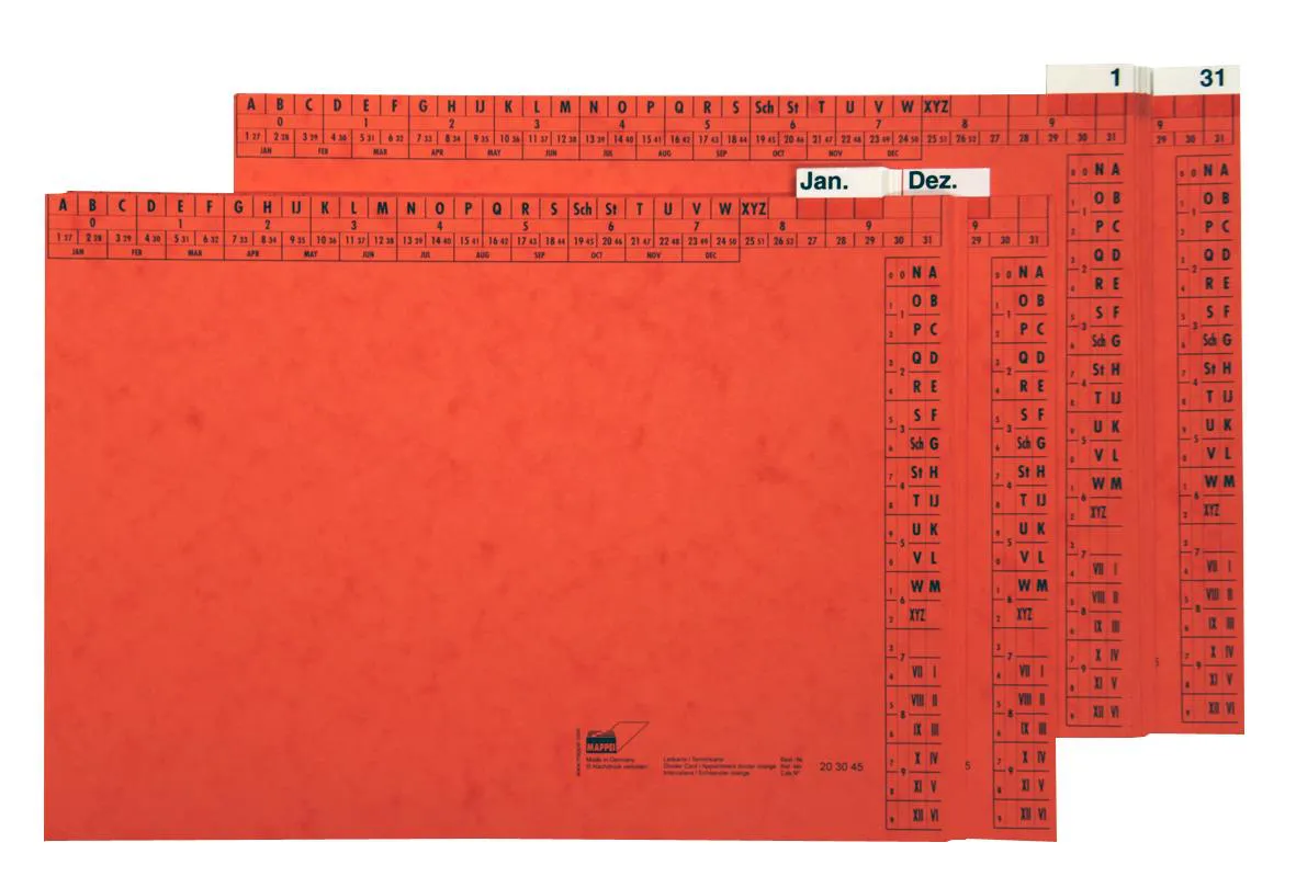 Wiedervorlagesystem mit Leitkarten 1-31 u. Jan.-Dez., Pressspankarton