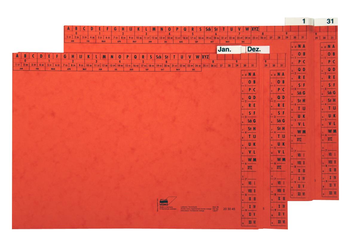 Wiedervorlagesystem mit Leitkarten 1-31 u. Jan.-Dez., Pressspankarton