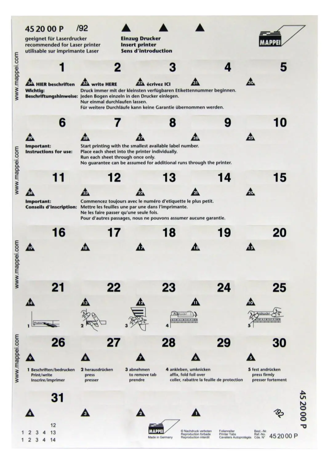 Selbstklebe-Printreiter (Folie), "1-31", weiss, 30 mm breit