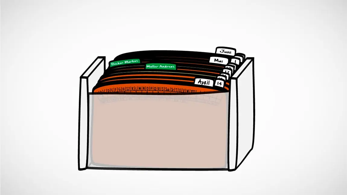 Wiedervorlage Video Gezeichnete Darstellung einer Wiedervorlagebox mit orangefarbenen Leitkarten und farbigen Reitern, beschriftet mit Namen und Monatsangaben, zur übersichtlichen Terminplanung und Aufgabenverwaltung.